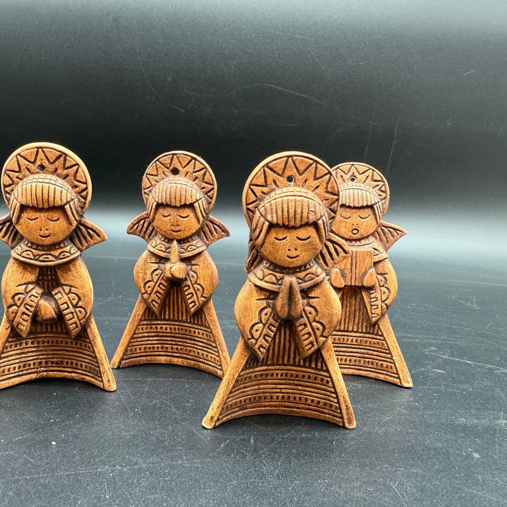 Rare 5‎ Midcentury Ceramic Angel Ornaments Brown Glazed Praying Singing Figures